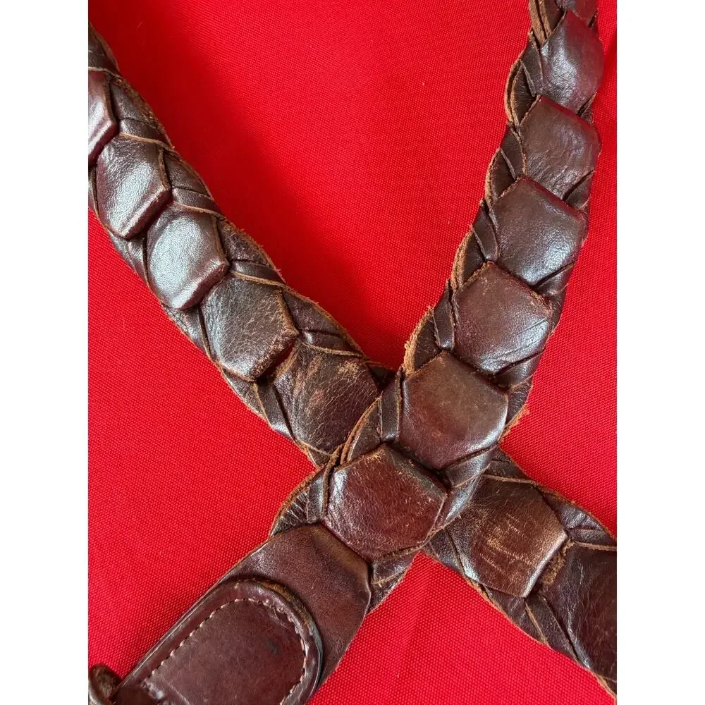 Classic Woven Braided Genuine Leather Brown Belt Solid Brass Buckle Size 30